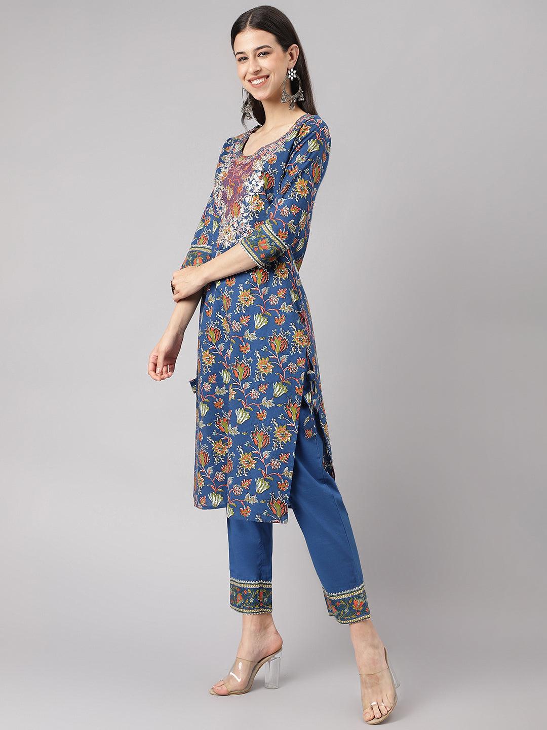 Women's Blue Floral Printed Kurta Pant Set with dupatta - Taantav