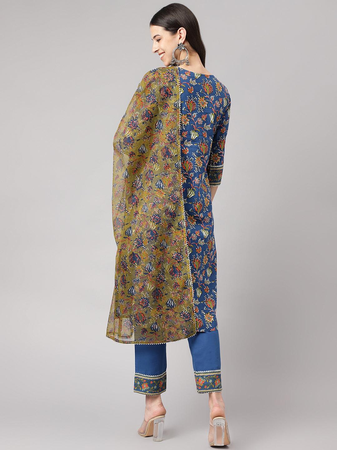 Women's Blue Floral Printed Kurta Pant Set with dupatta - Taantav