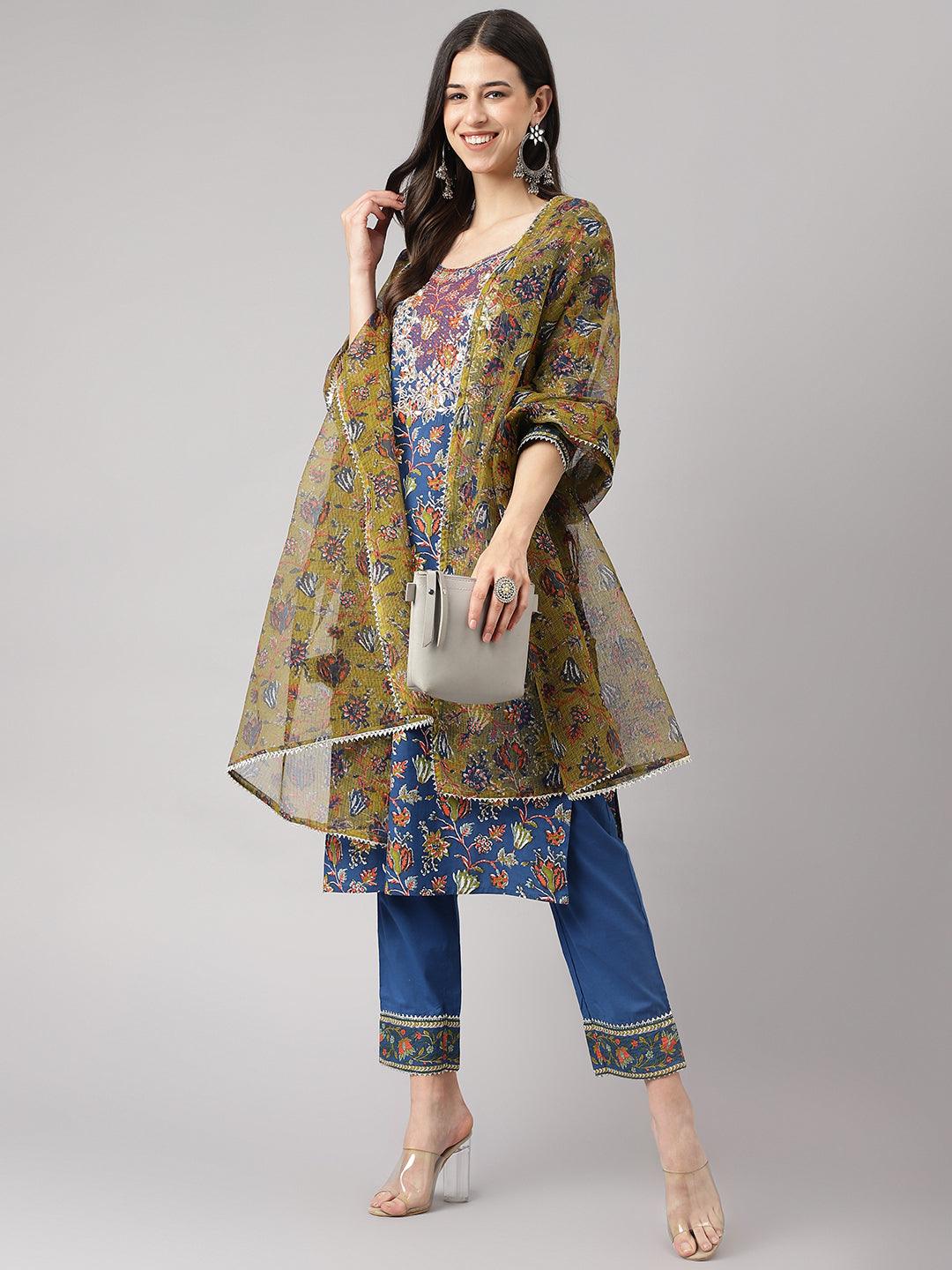 Women's Blue Floral Printed Kurta Pant Set with dupatta - Taantav