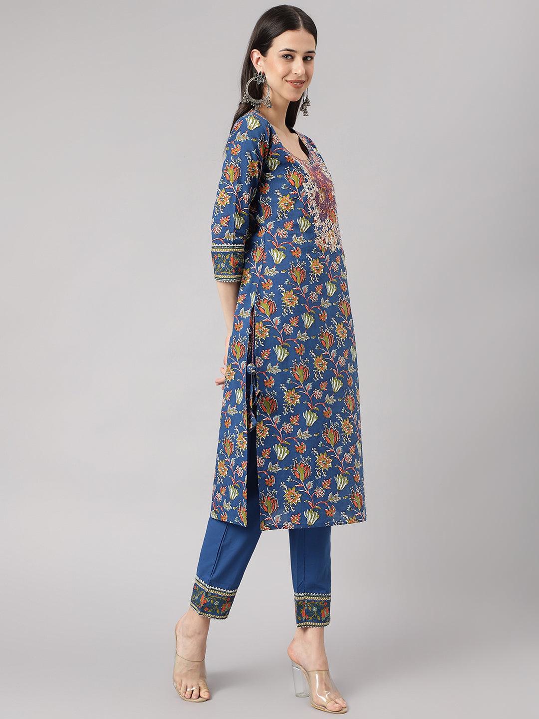 Women's Blue Floral Printed Kurta Pant Set with dupatta - Taantav