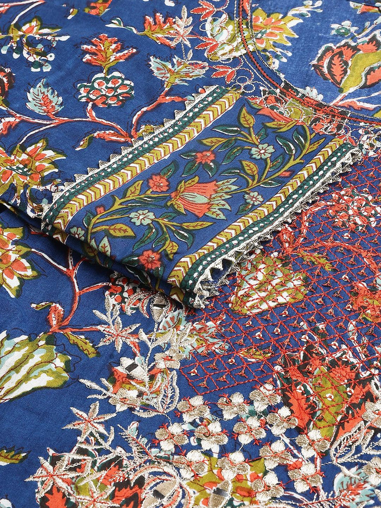 Women's Blue Floral Printed Kurta Pant Set with dupatta