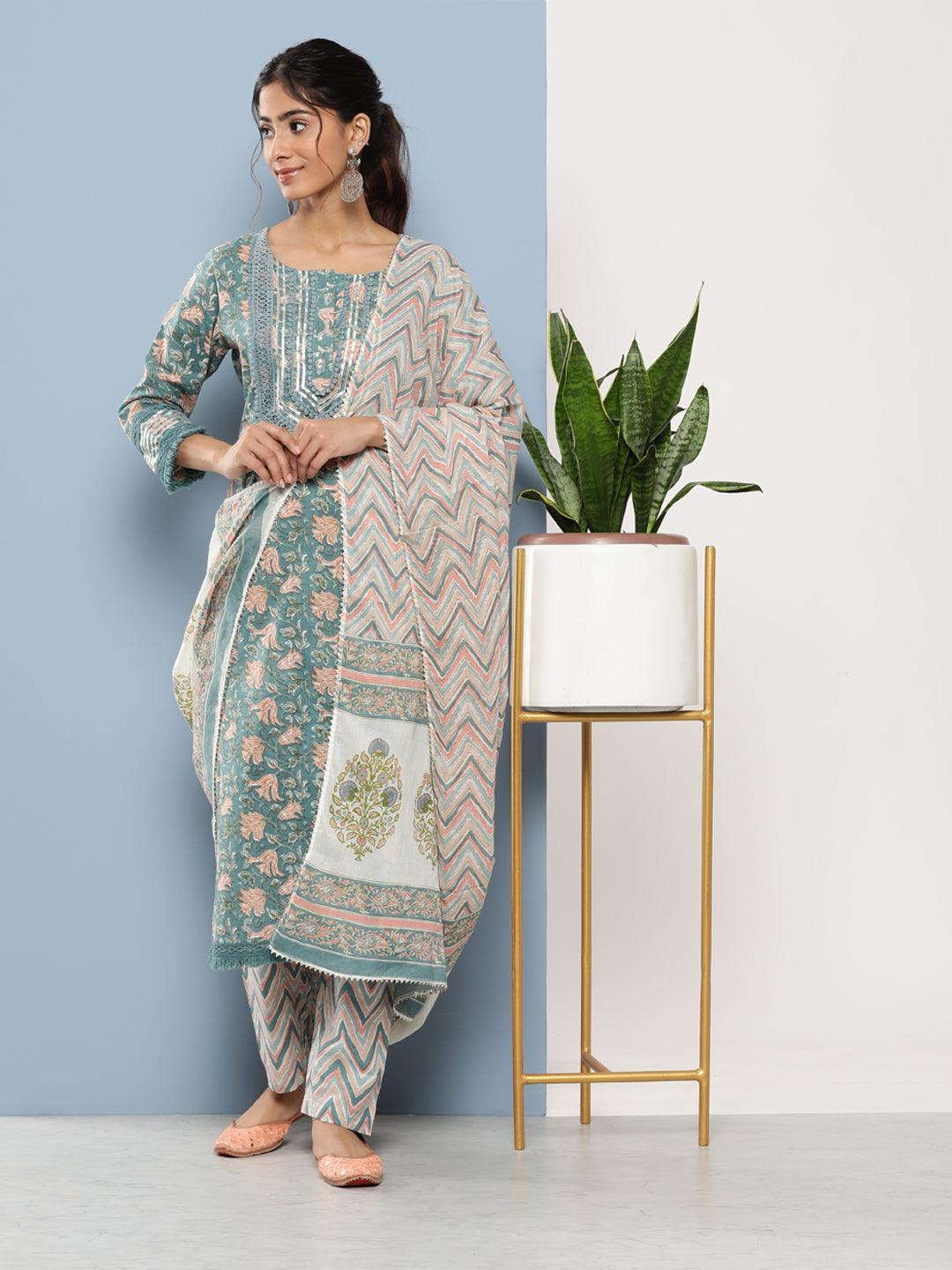 Women's Teal Blue Cotton Straight pant set with Dupatta - Taantav