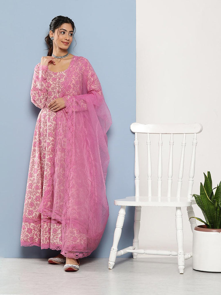 Women's Lilac Floral Printed Anarkali Kurta Pant set with Dupatta