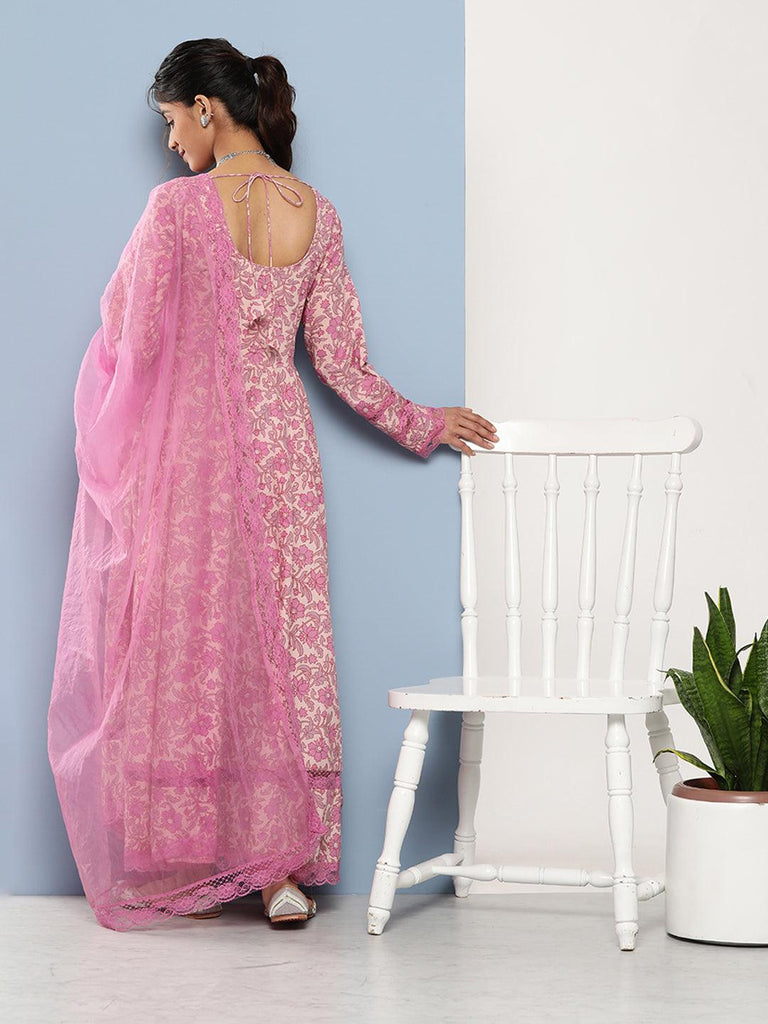 Women's Lilac Floral Printed Anarkali Kurta Pant set with Dupatta
