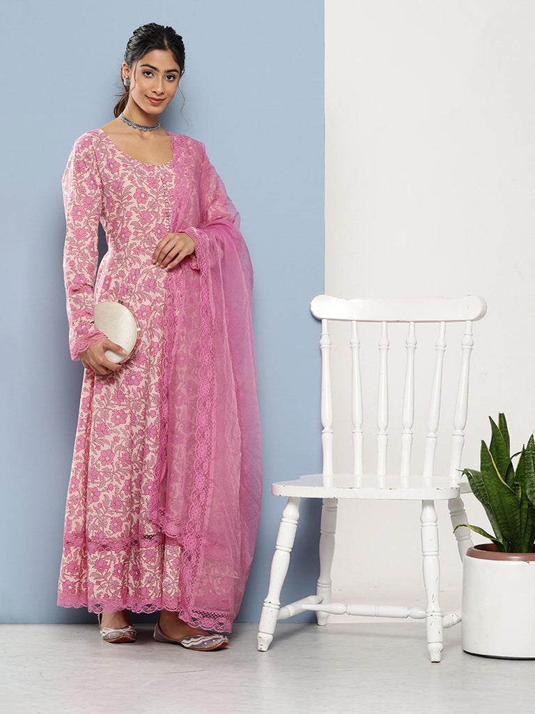 Women's Lilac Floral Printed Anarkali Kurta Pant set with Dupatta