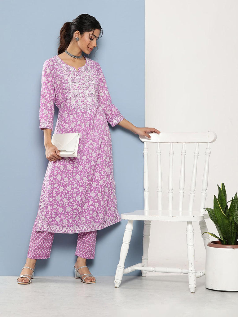 Women's Purple Gathered Floral Printed Kurta Pant Sets
