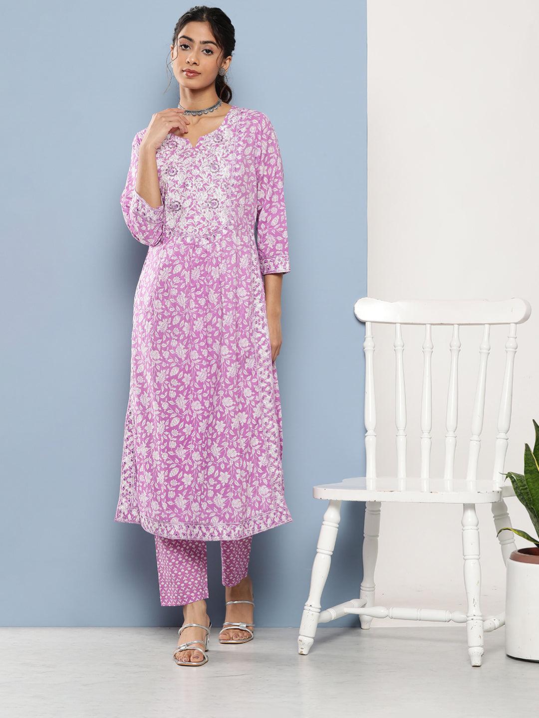 Women's Purple Gathered Floral Printed Kurta Pant Sets - Taantav