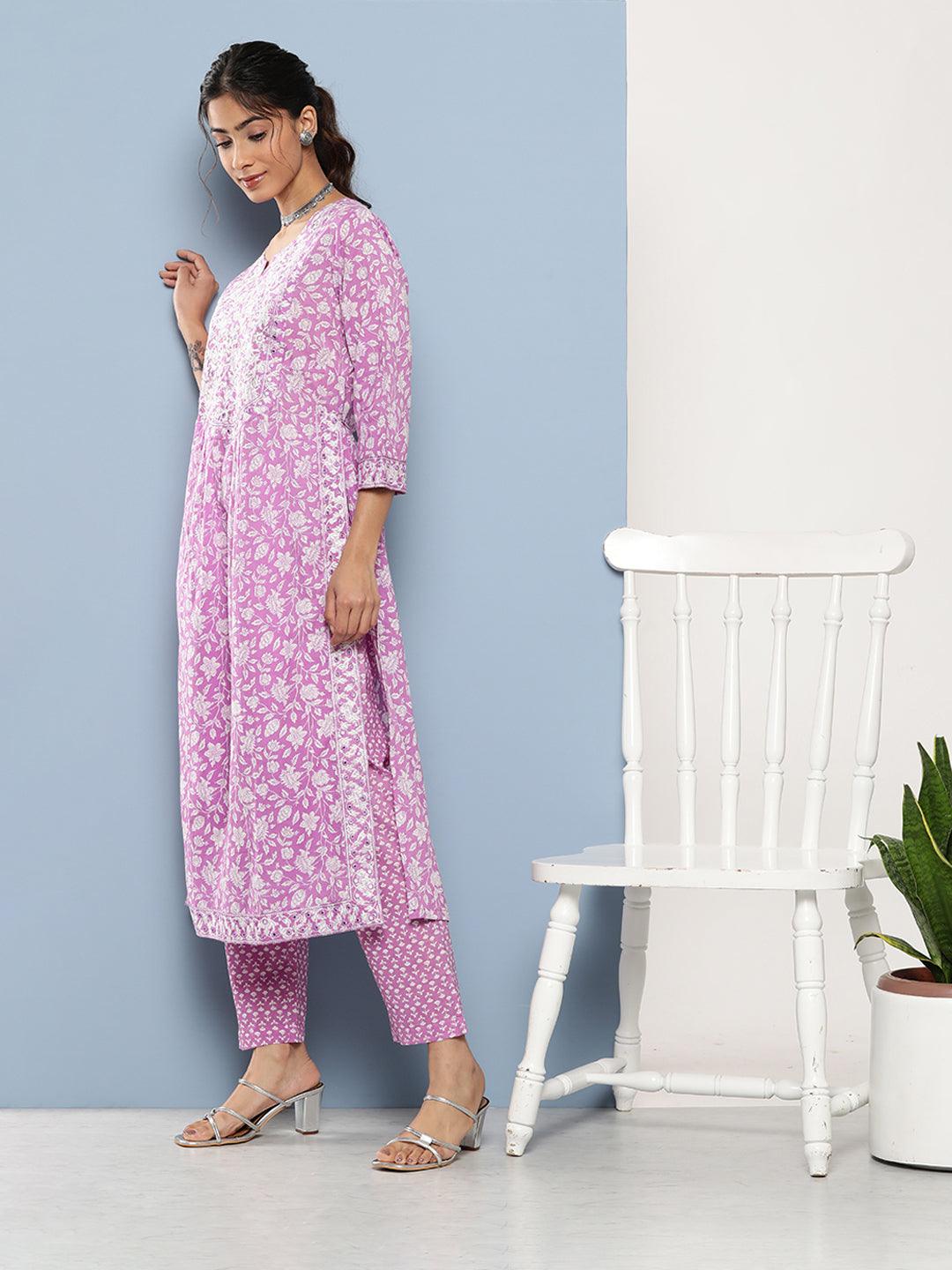 Women's Purple Gathered Floral Printed Kurta Pant Sets - Taantav