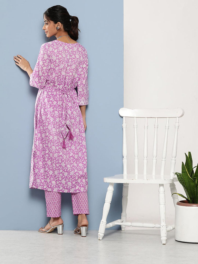 Women's Purple Gathered Floral Printed Kurta Pant Sets