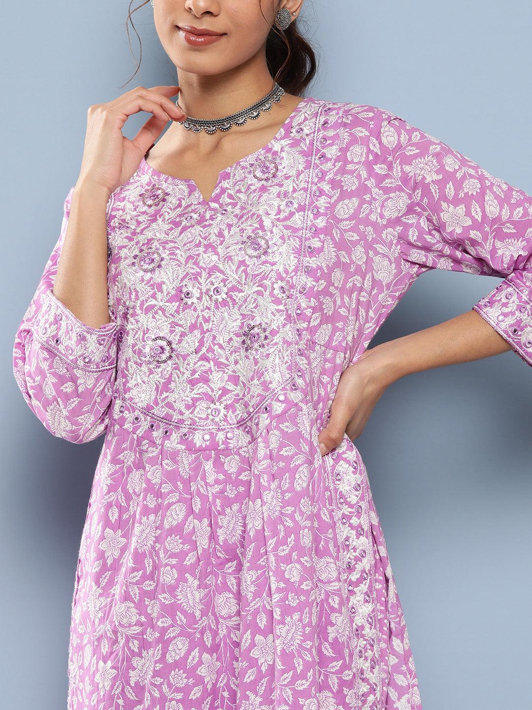 Women's Purple Gathered Floral Printed Kurta Pant Sets - Taantav