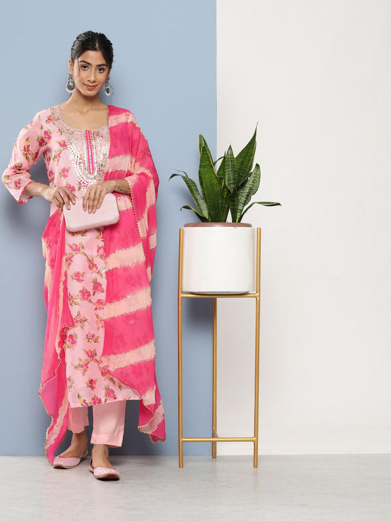 Women's Pink Kota Doria Floral Printed Kurta Pant Dupatta Sets