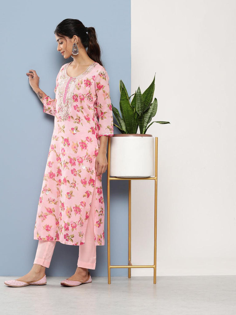 Women's Pink Kota Doria Floral Printed Kurta Pant Dupatta Sets