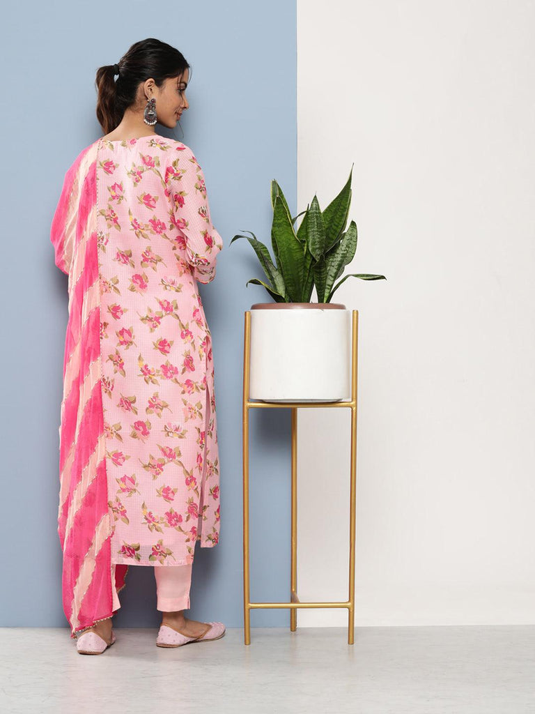 Women's Pink Kota Doria Floral Printed Kurta Pant Dupatta Sets