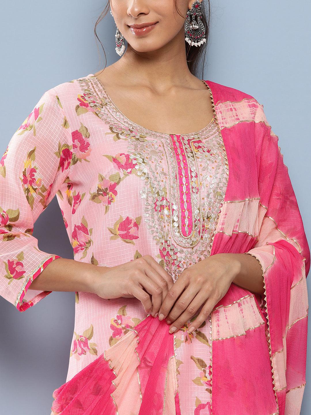 Women's Pink Kota Doria Floral Printed Kurta Pant Dupatta Sets - Taantav