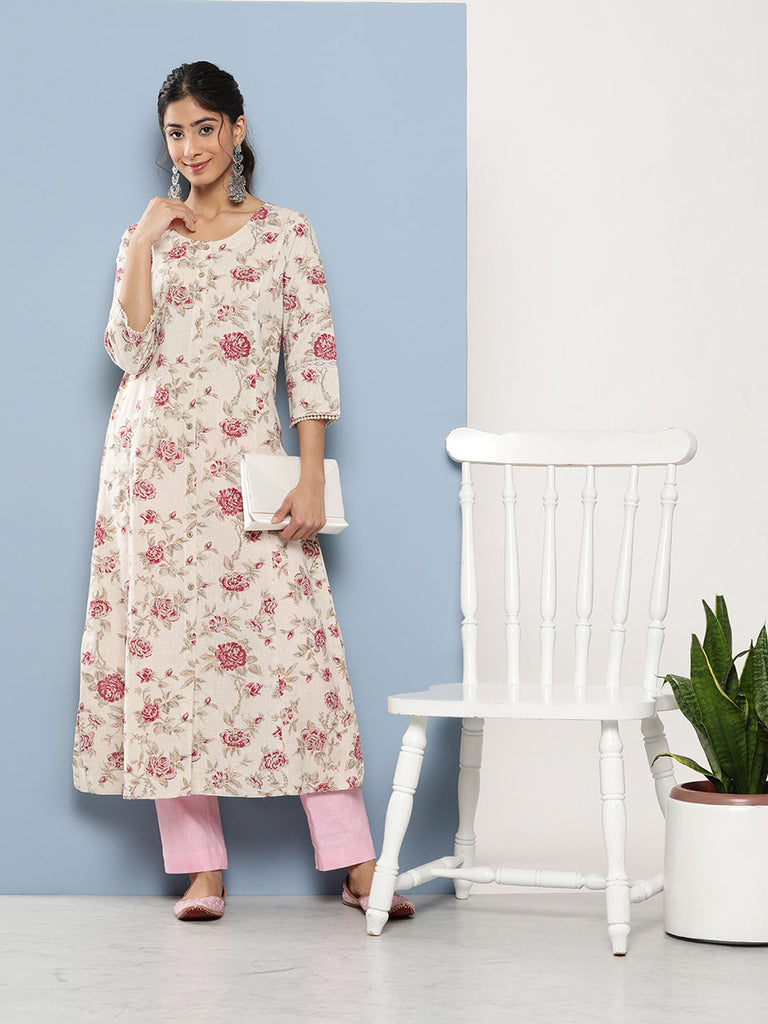 Women's Off White Floral Printed Cotton Kurta