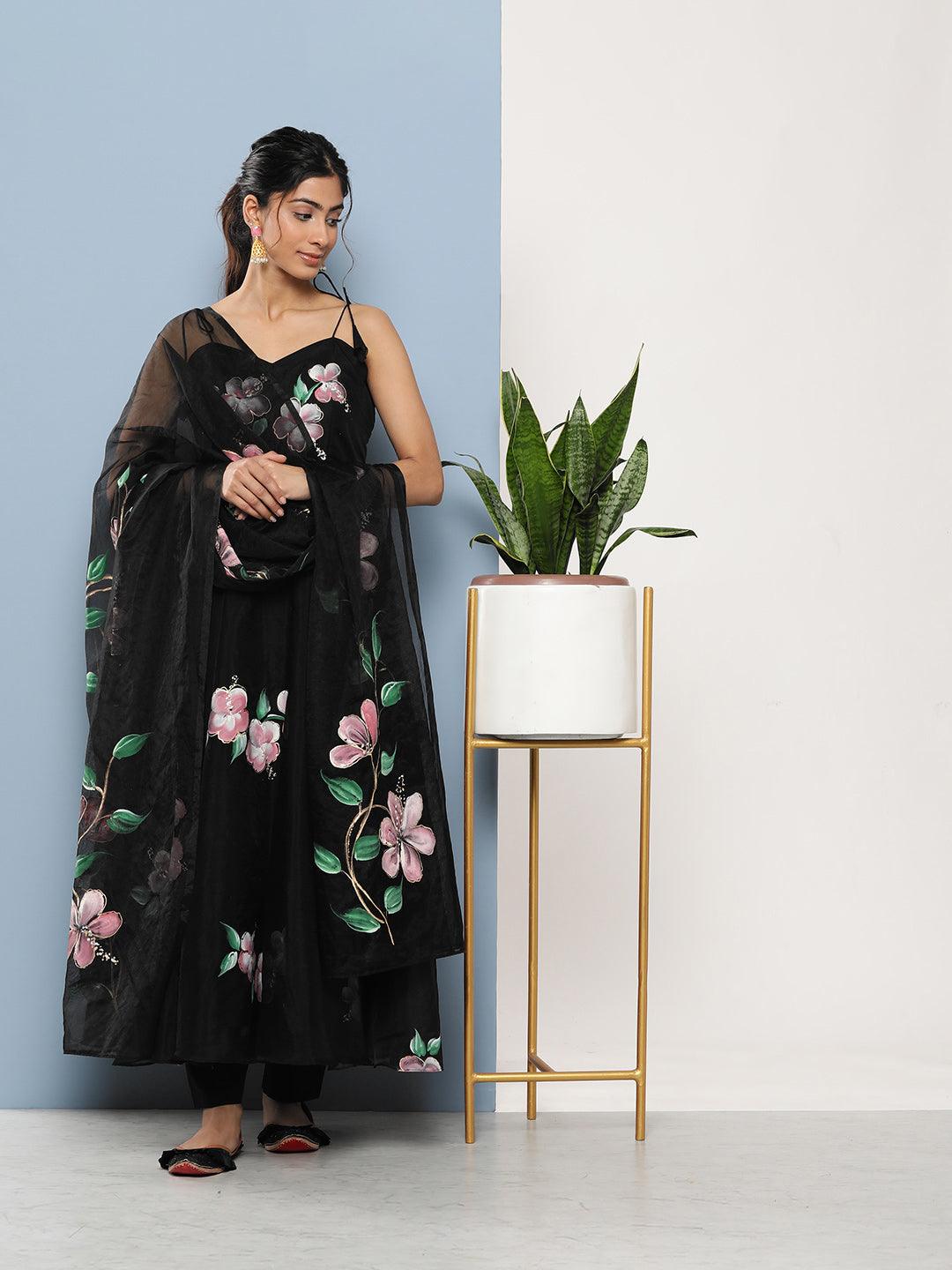 Women's Black Hand Painted Floral Organza Anarkali Kurta Pant Set with Dupatta - Taantav