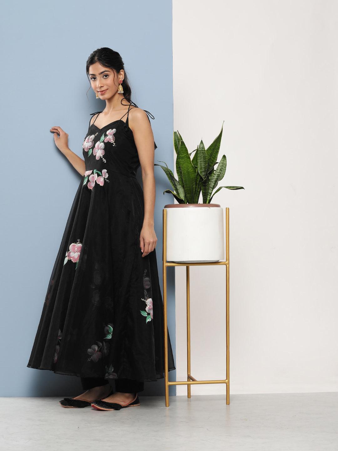 Women's Black Hand Painted Floral Organza Anarkali Kurta Pant Set with Dupatta - Taantav