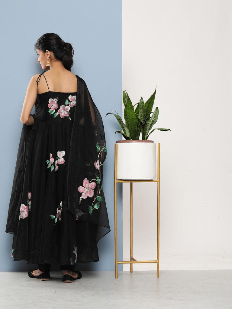 Women's Black Hand Painted Floral Organza Anarkali Kurta Pant Set with Dupatta