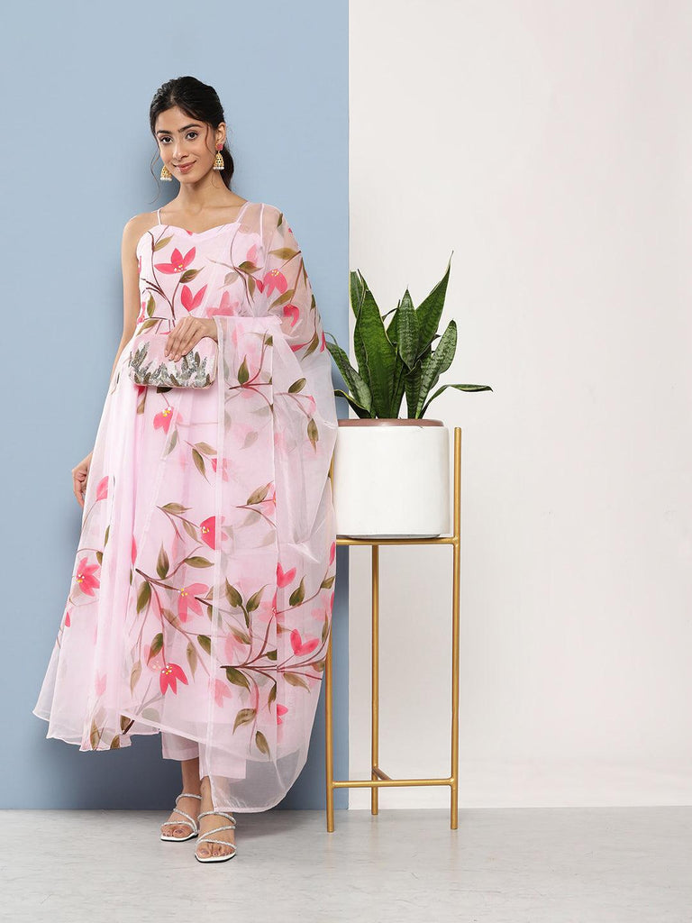 Women's Pink Hand Painted Floral Organza Anarkali Kurta Pant Set with Dupatta