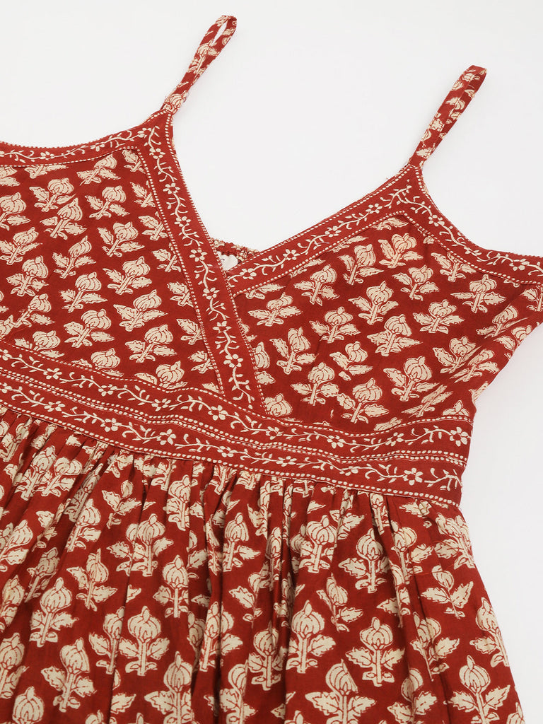 Women's Maroon Floral printed Cotton Tiered Dress