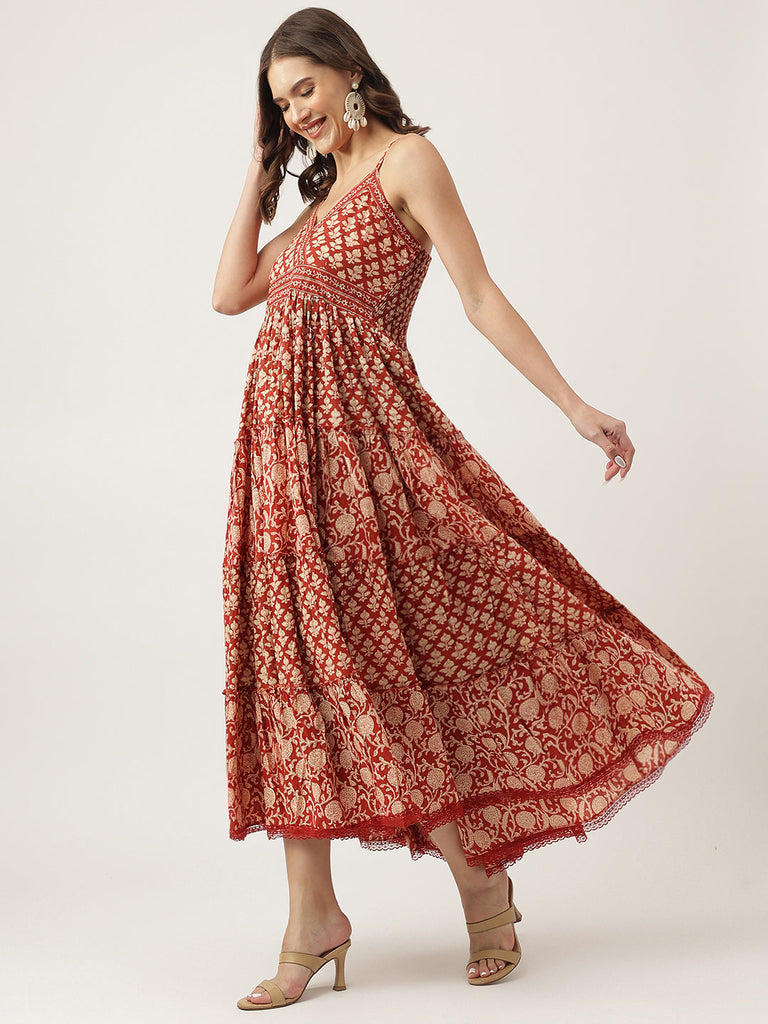 Women's Maroon Floral printed Cotton Tiered Dress