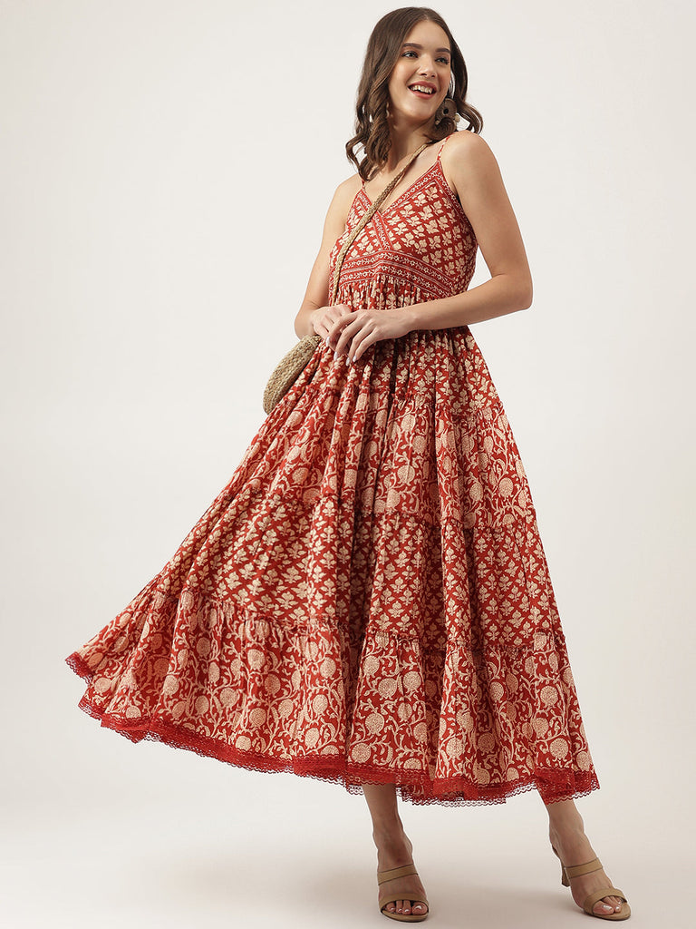 Women's Maroon Floral printed Cotton Tiered Dress