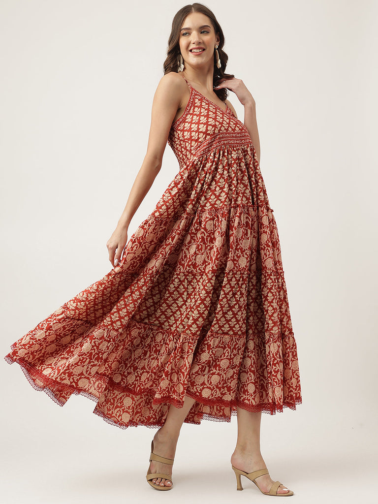 Women's Maroon Floral printed Cotton Tiered Dress