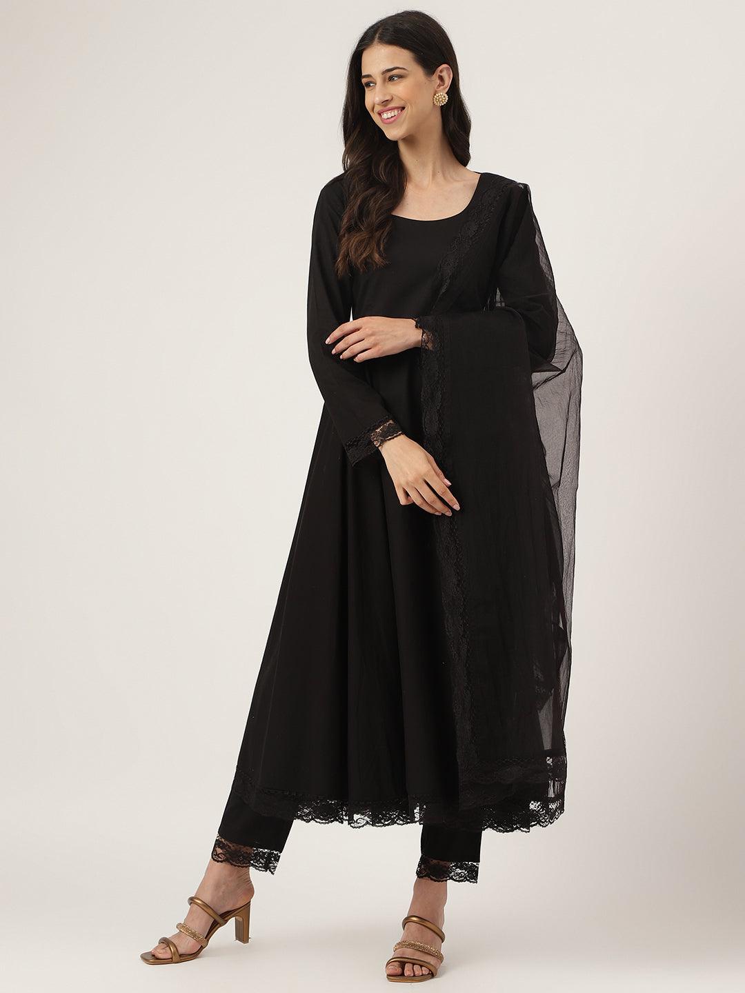 Women's Black Solid Anarkali Kurta Pant set with Dupatta