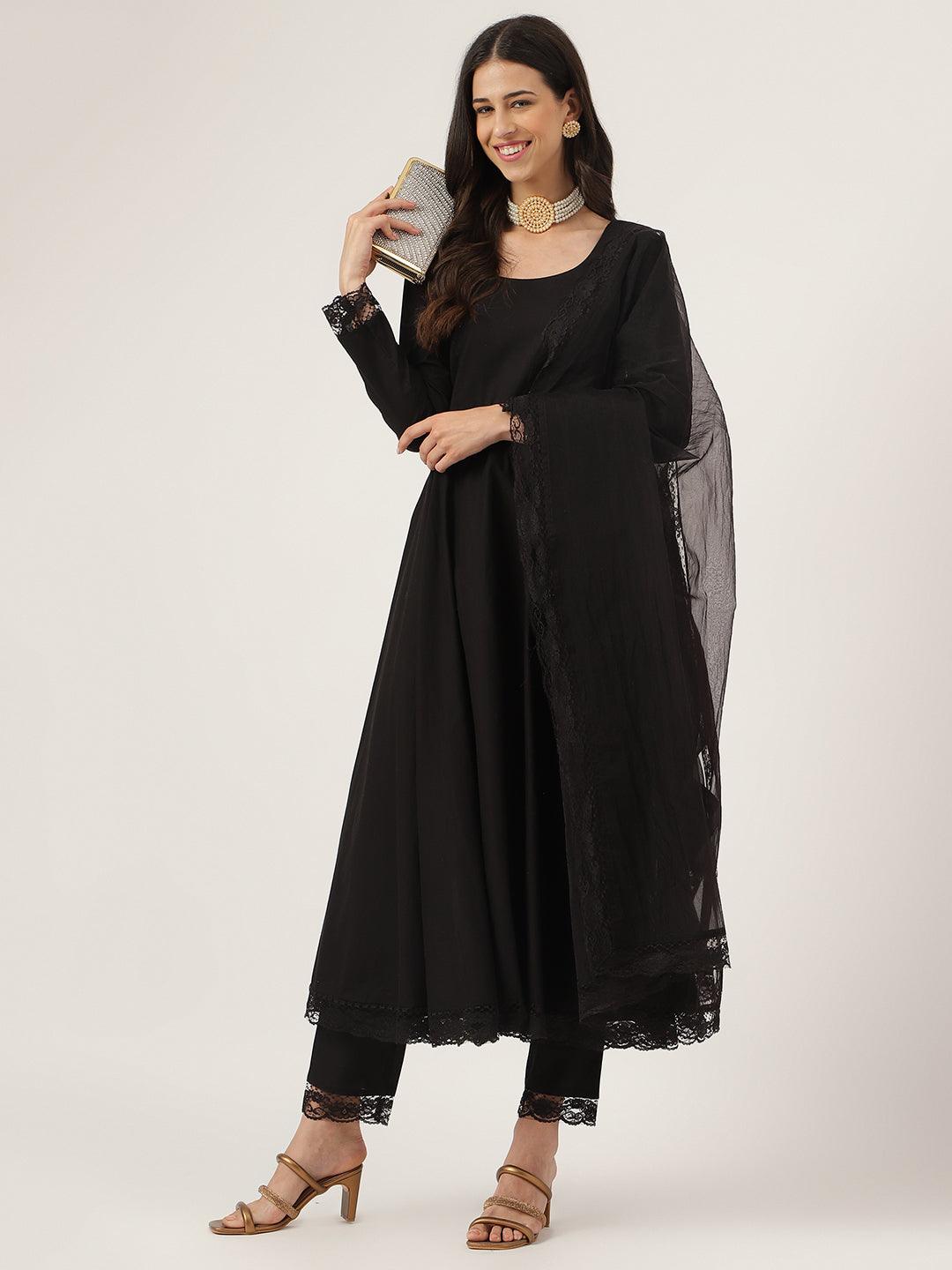 Women's Black Solid Anarkali Kurta Pant set with Dupatta - Taantav