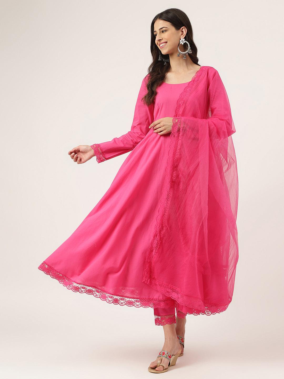 Women's Pink Solid Anarkali Kurta Pant set with Dupatta - Taantav