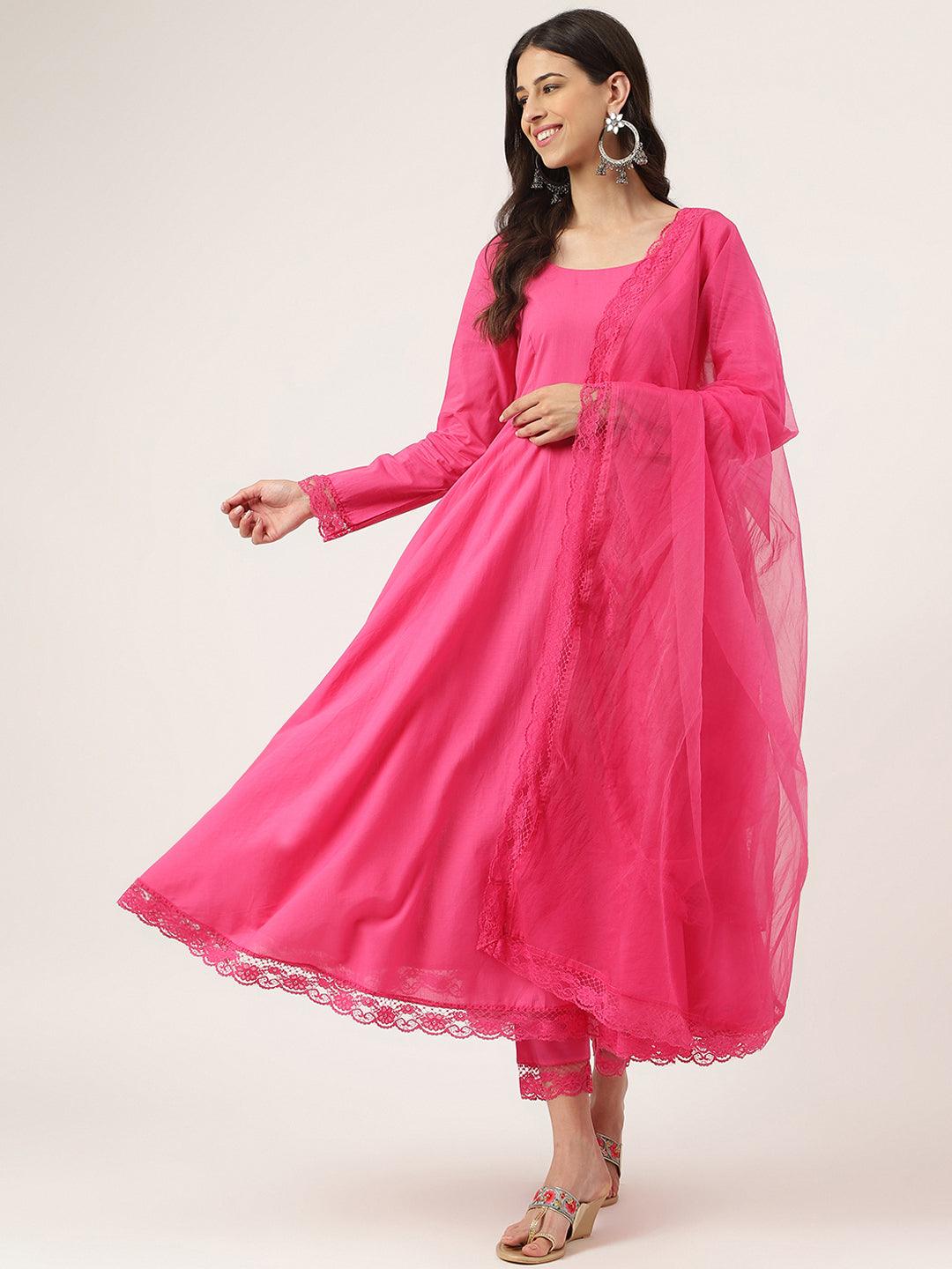 Women's Pink Solid Anarkali Kurta Pant set with Dupatta - Taantav