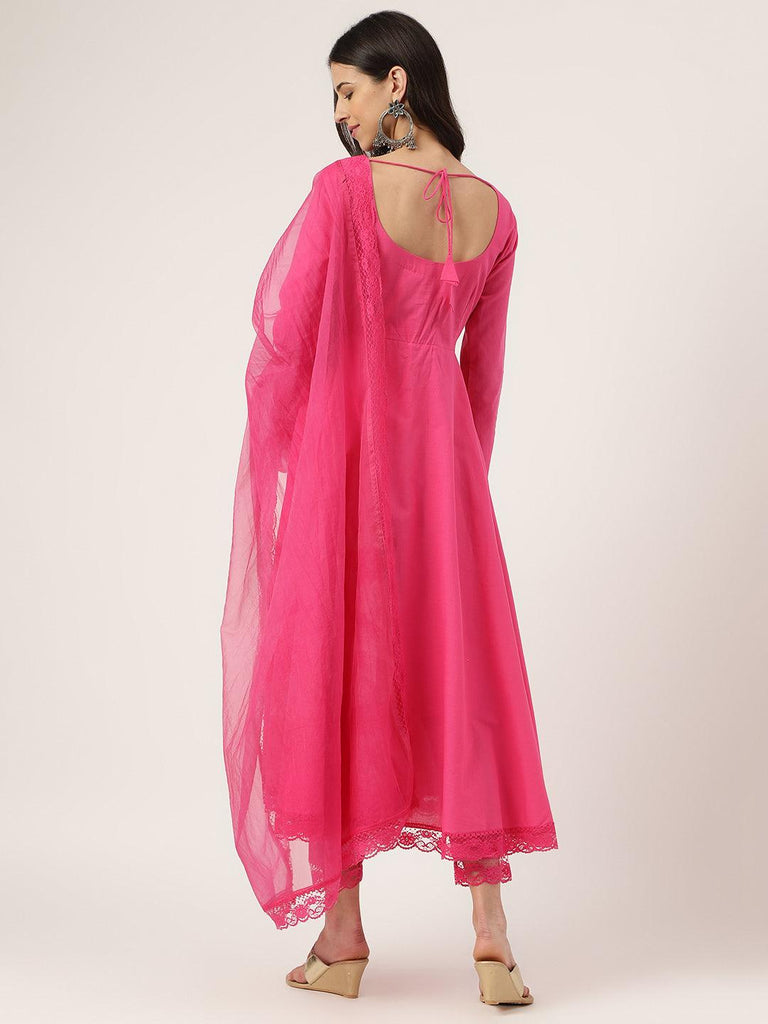 Women's Pink Solid Anarkali Kurta Pant set with Dupatta