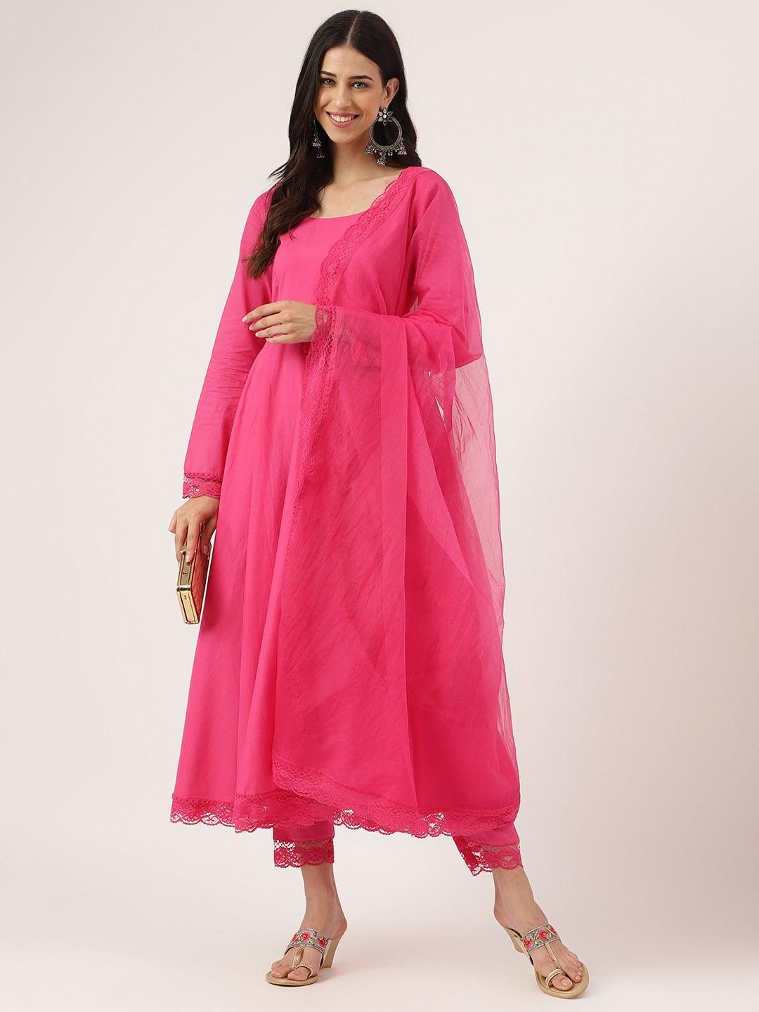 Women's Pink Solid Anarkali Kurta Pant set with Dupatta - Taantav