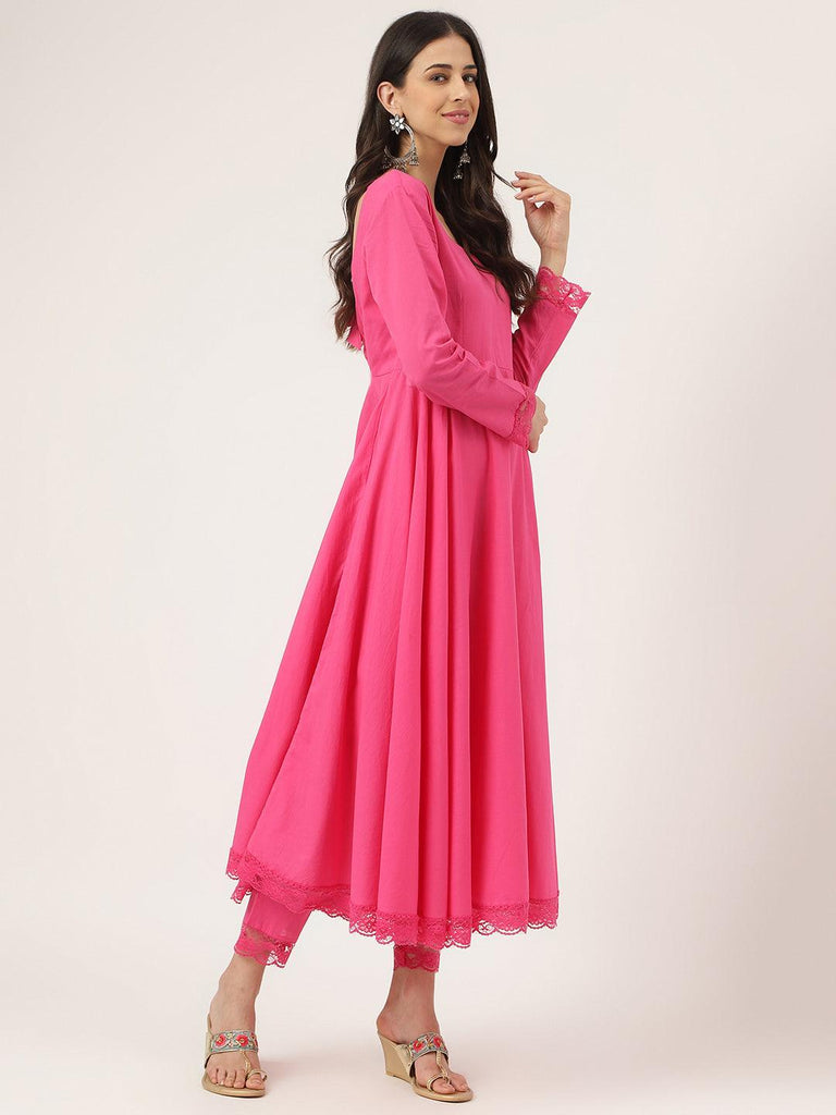 Women's Pink Solid Anarkali Kurta Pant set with Dupatta