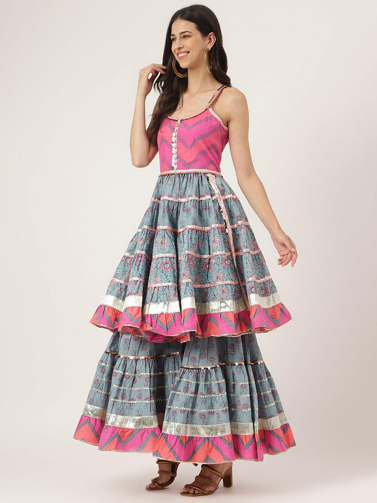 Women's Turquoise Blue Cotton Sleeves less Anarkali Sharara set with Dupatta