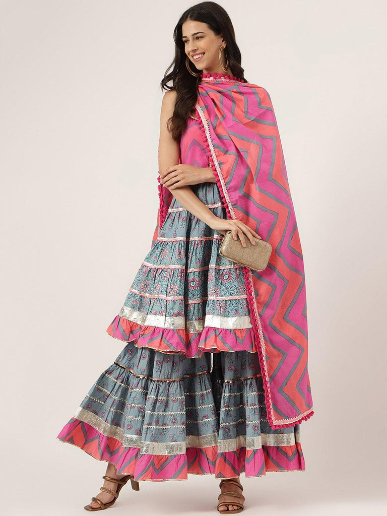 Women's Turquoise Blue Cotton Sleeves less Anarkali Sharara set with Dupatta