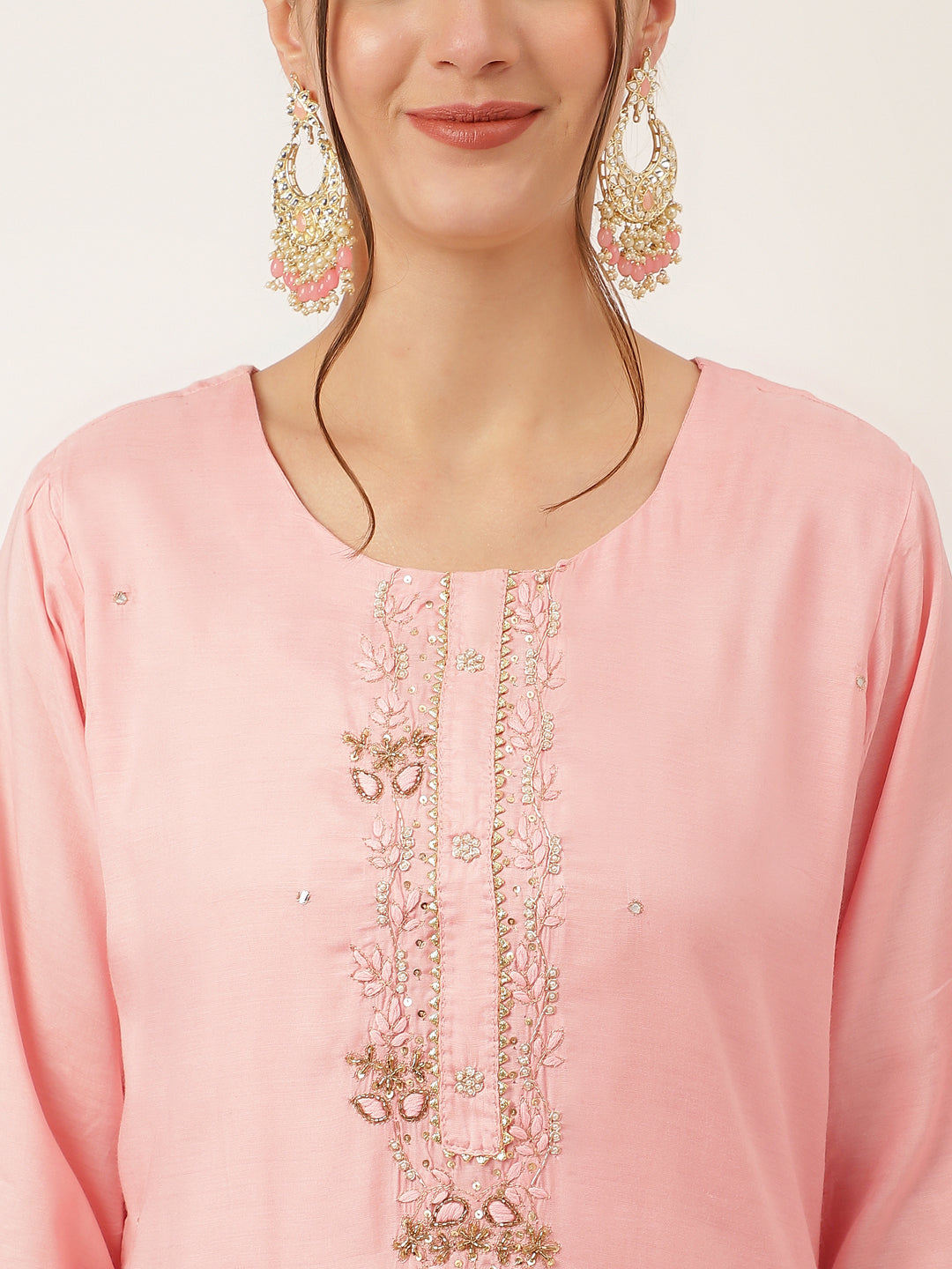 Women's Baby Pink Embroidered Chanderi Kurta, Trouser With Dupatta - Taantav