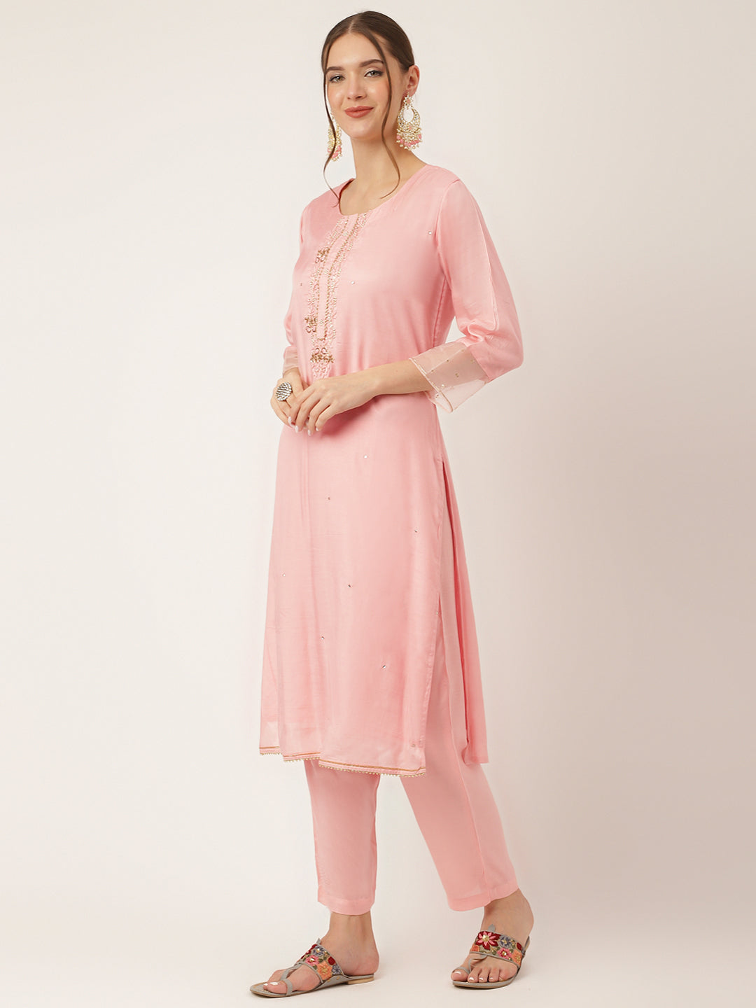 Women's Baby Pink Embroidered Chanderi Kurta, Trouser With Dupatta - Taantav