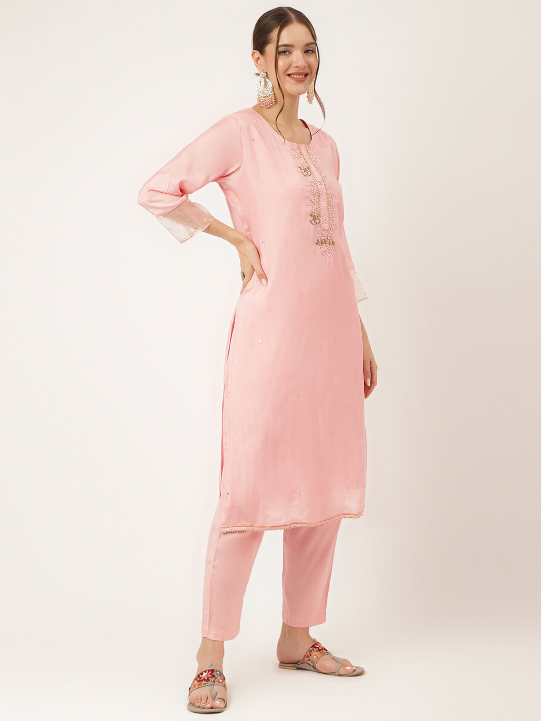 Women's Baby Pink Embroidered Chanderi Kurta, Trouser With Dupatta - Taantav