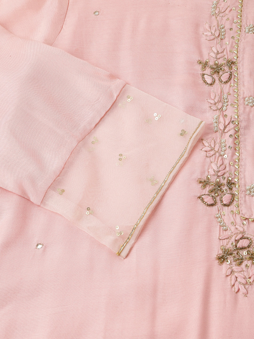 Women's Baby Pink Embroidered Chanderi Kurta, Trouser With Dupatta - Taantav