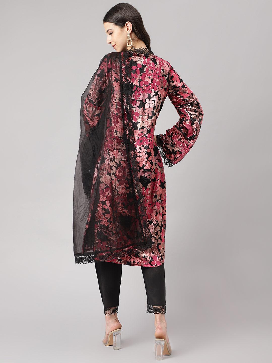 Women's Pink Burn out Velvet Kurta Harem Pant with Organza Dupatta - Taantav