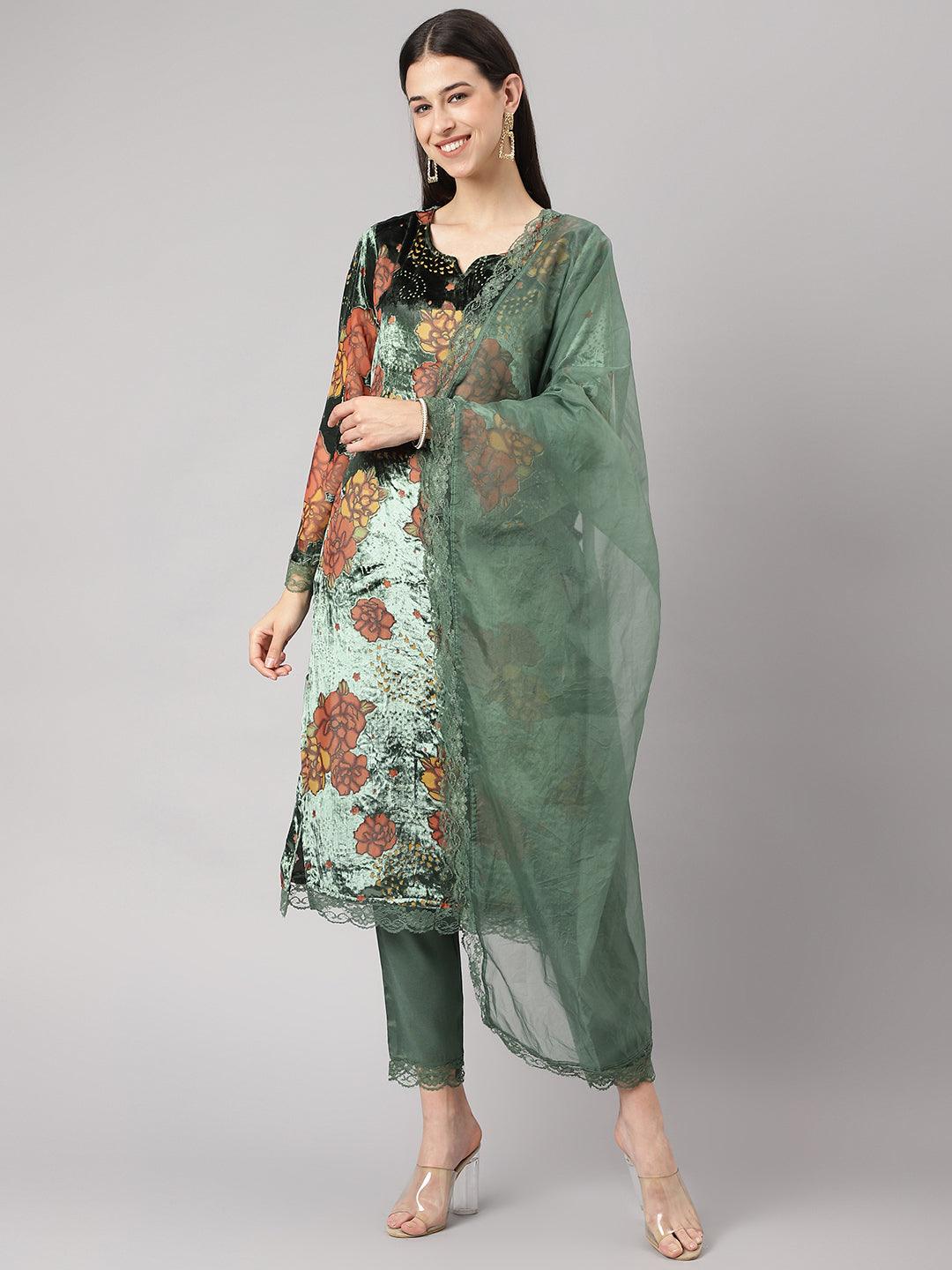 Women's Green Burn out Velvet Kurta Harem Pant with Organza Dupatta - Taantav