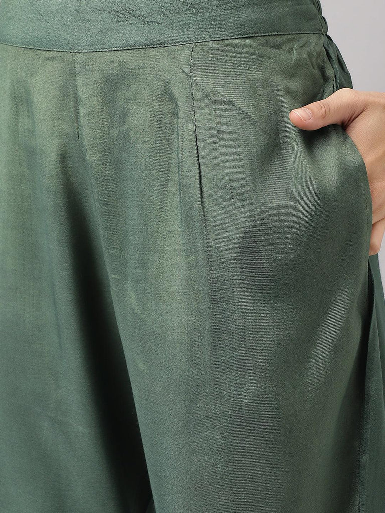 Women's Green Burn out Velvet Kurta Harem Pant with Organza Dupatta