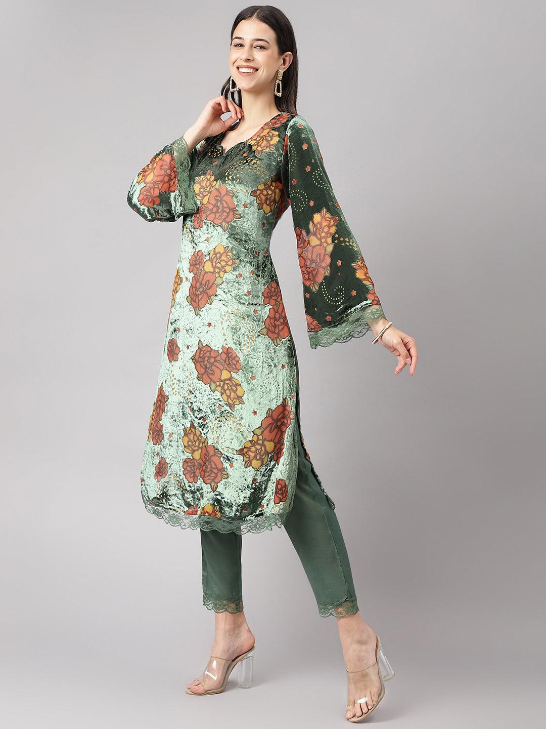 Women's Green Burn out Velvet Kurta Harem Pant with Organza Dupatta - Taantav