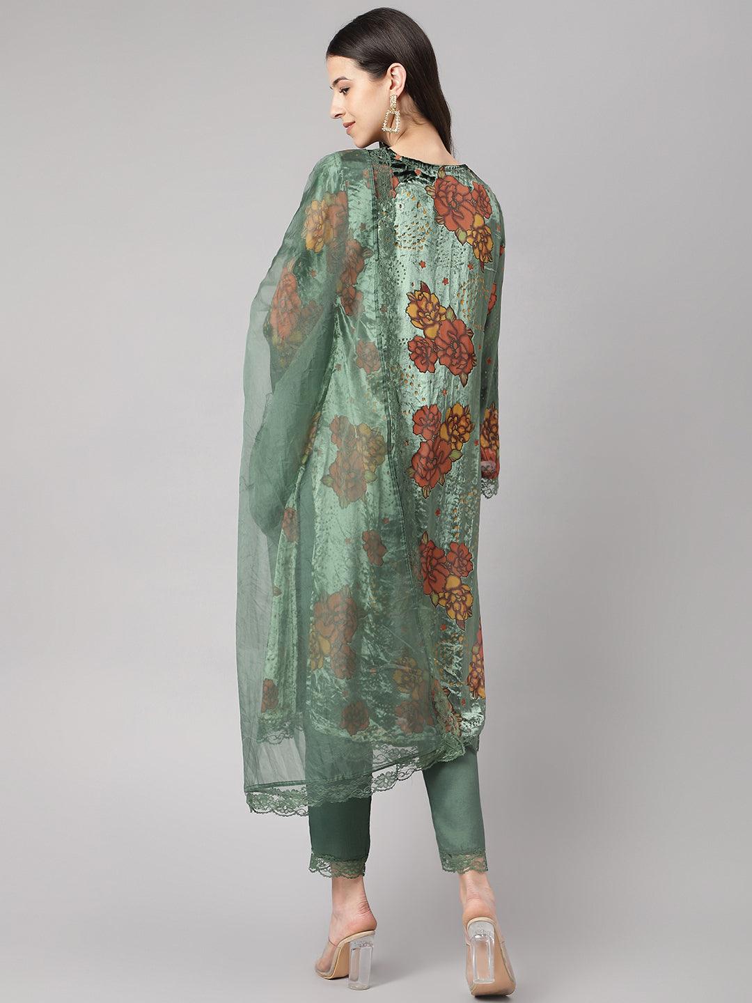 Women's Green Burn out Velvet Kurta Harem Pant with Organza Dupatta - Taantav