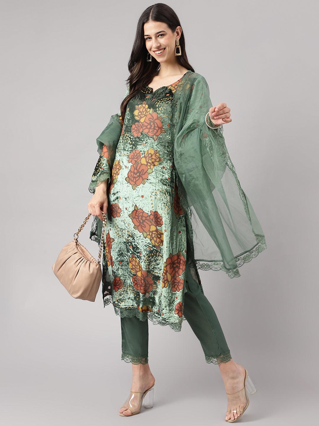 Women's Green Burn out Velvet Kurta Harem Pant with Organza Dupatta - Taantav