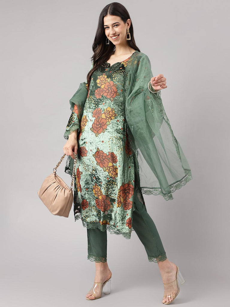 Women's Green Burn out Velvet Kurta Harem Pant with Organza Dupatta