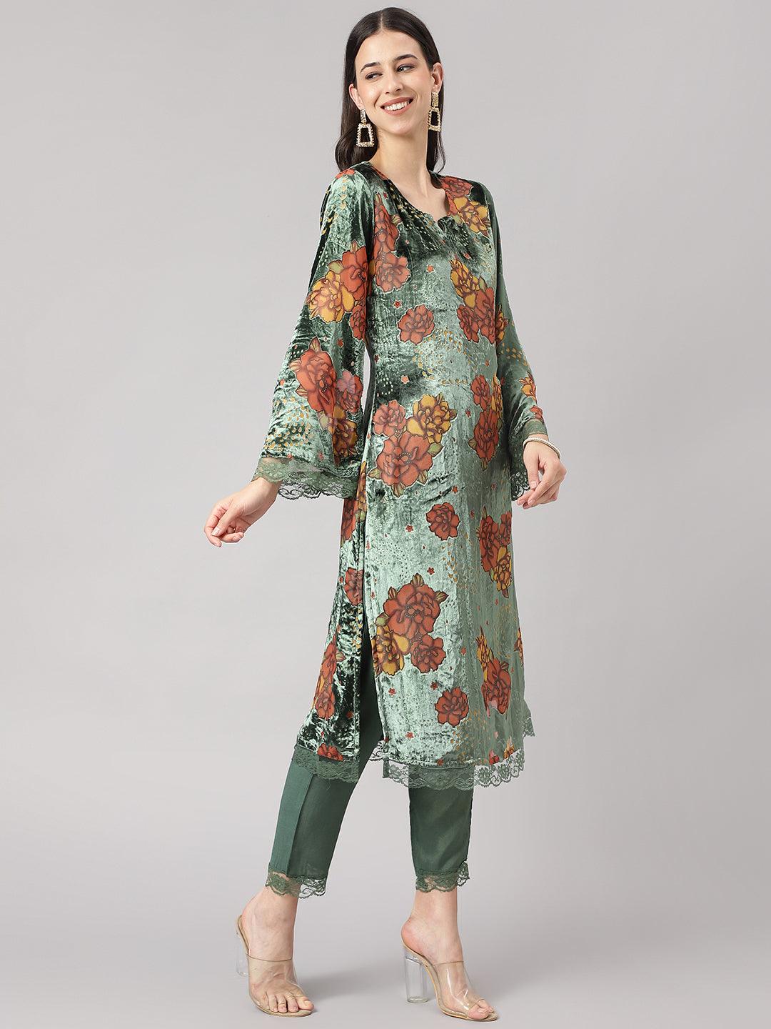 Women's Green Burn out Velvet Kurta Harem Pant with Organza Dupatta - Taantav