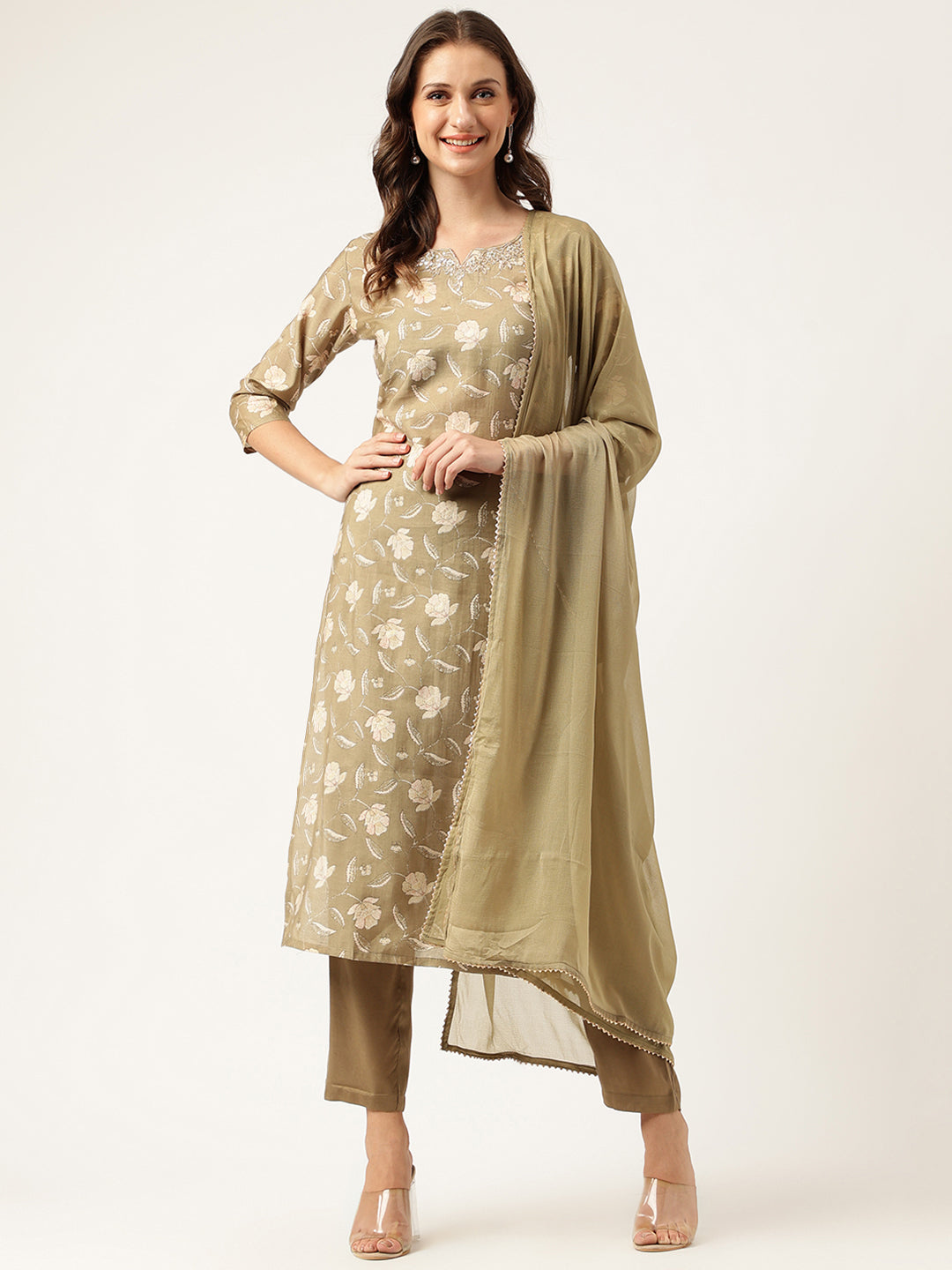 Women's Olive Embroidered Cotton Kurta Trouser with Dupatta Set - Taantav