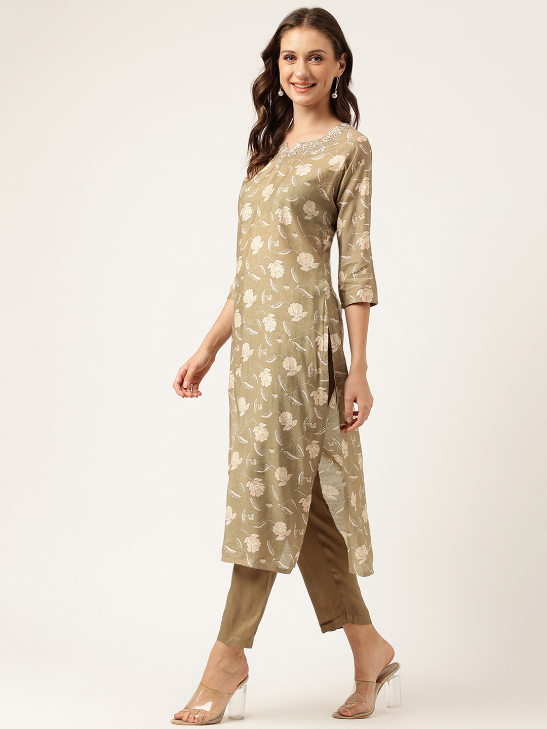 Women's Olive Embroidered Cotton Kurta Trouser with Dupatta Set - Taantav